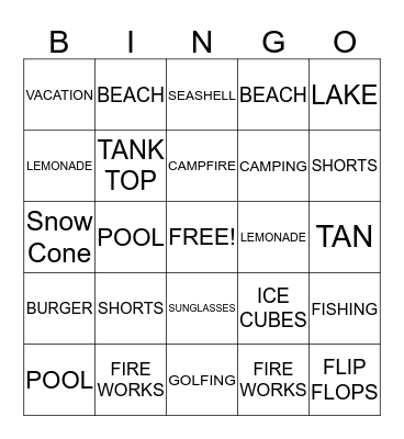 Vacation Bingo Card