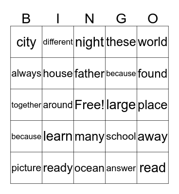 2nd grade  Bingo Card