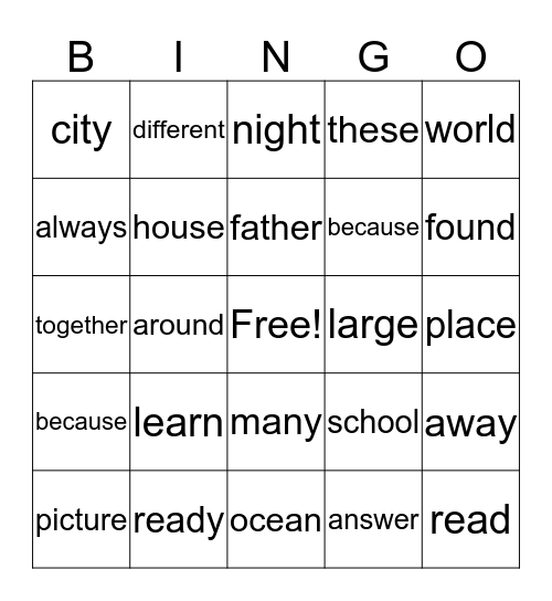 2nd grade  Bingo Card