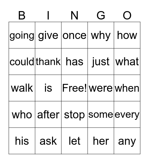 1st grade sight words Bingo Card