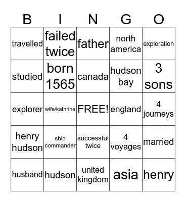 Henry Hudson Bingo, by Emily Coppola Bingo Card