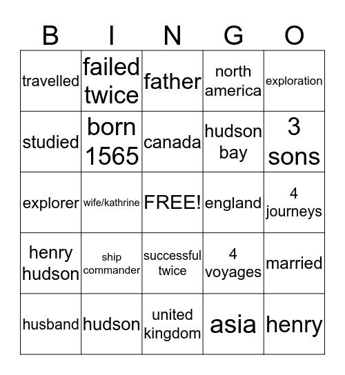 Henry Hudson Bingo, by Emily Coppola Bingo Card