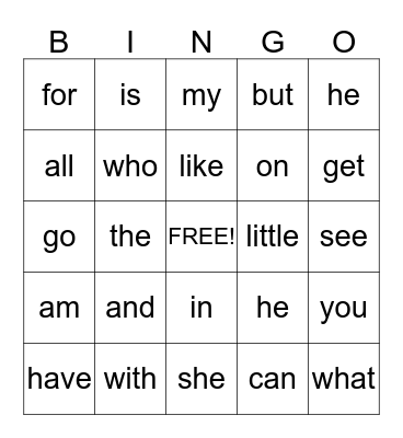SIGHT WORDS Bingo Card