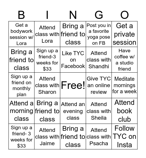 The Yoga Casa Bingo Challenge Bingo Card