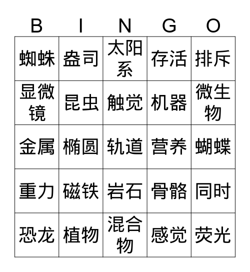 科学 Bingo Card