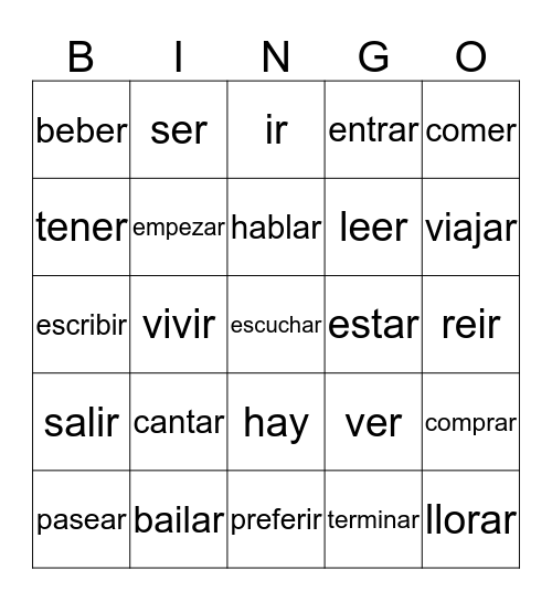 Los verbos en español Bingo Card