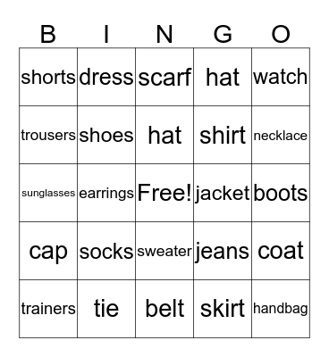Clothes and Accessories Bingo Card