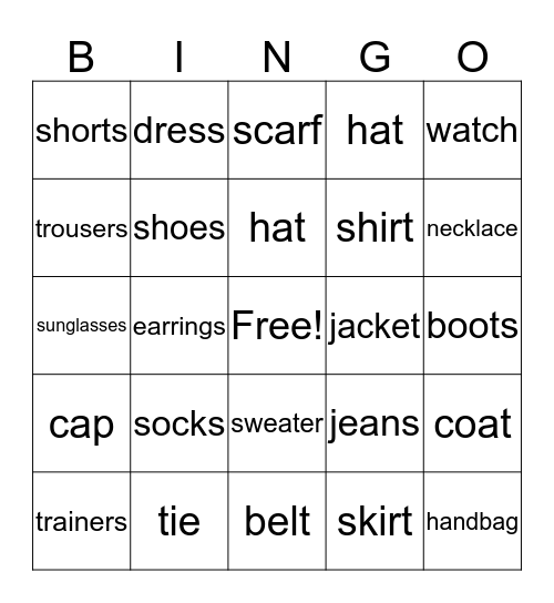 Clothes and Accessories Bingo Card
