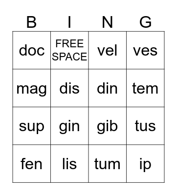Nonsense Words Bingo Card