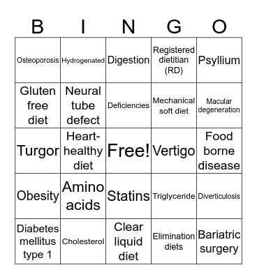 Nutrition Bingo Card