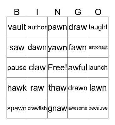 Diphthongs /aw/ and /au/ Bingo Card