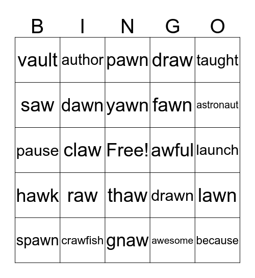 Diphthongs /aw/ and /au/ Bingo Card
