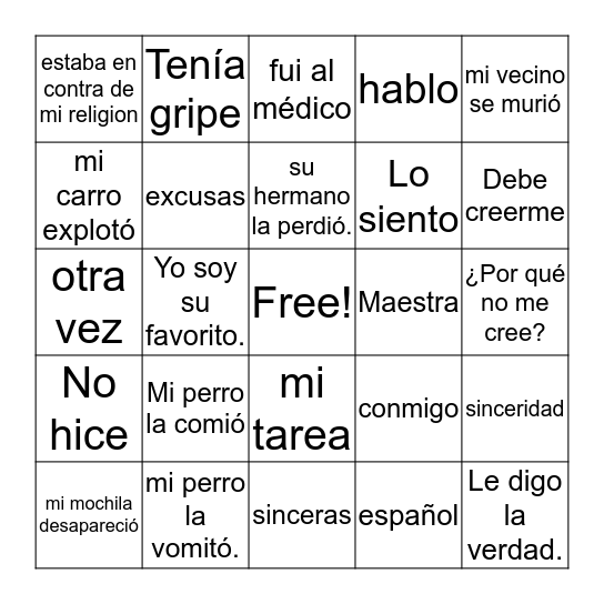 Las Excusas Sinceras Bingo Card