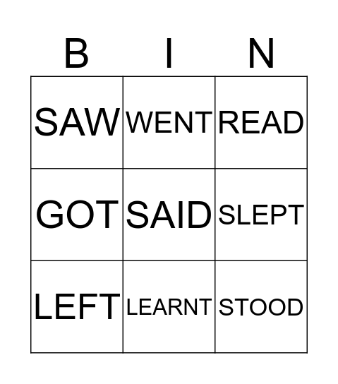 Irregular verbs Bingo Card