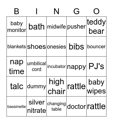 Baby Shower Bingo Card