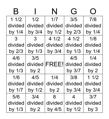 dividing fractions Bingo Card
