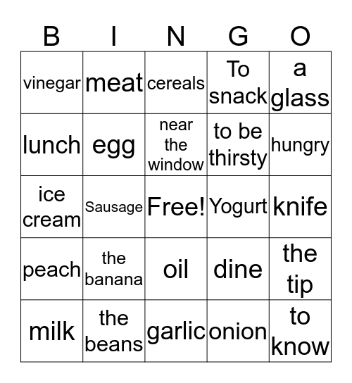 La comida Bingo Card
