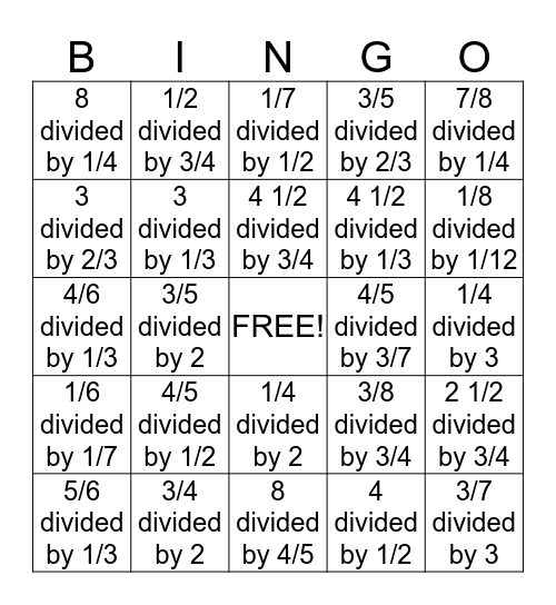 dividing fractions Bingo Card