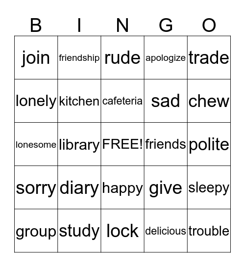 Friendship Bingo Card