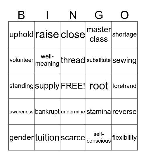 Vocabulary practice Bingo Card