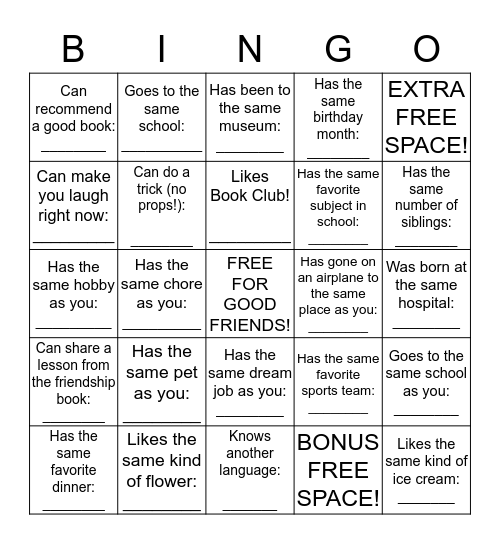 Friendship Bingo--Find Someone Who... Bingo Card