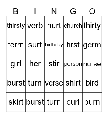 er ir and ur Bingo Card