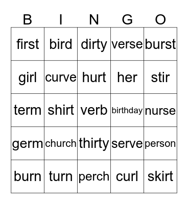 er, ir and ur Bingo Card