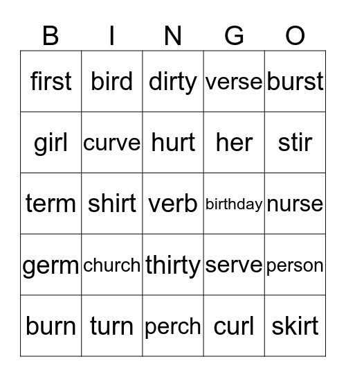 er, ir and ur Bingo Card