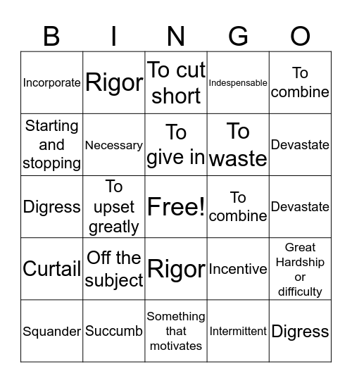 Vocabulary 13 Bingo Card