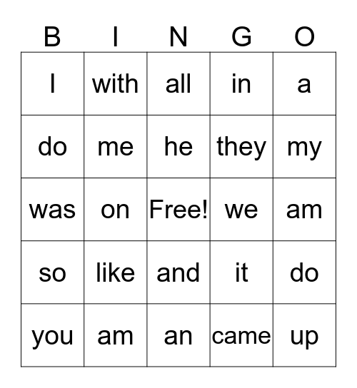 Sight Word Bingo Card