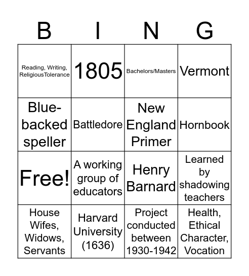 Colonial Bingo! Bingo Card