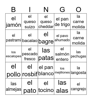 comida de espanol Bingo Card