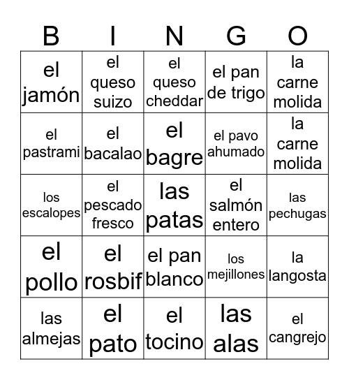 comida de espanol Bingo Card