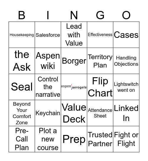 Aspen Aerogels Sales Meeting 2019 Bingo Card