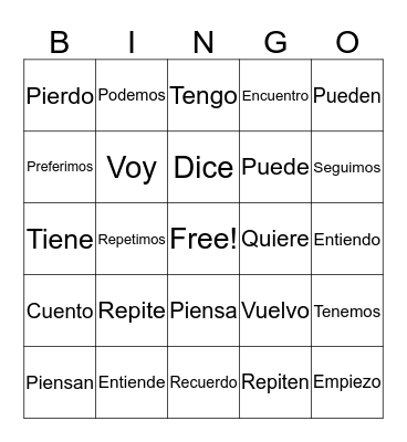 Stem Changing Verbs Bingo Card