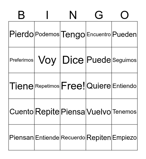Stem Changing Verbs Bingo Card