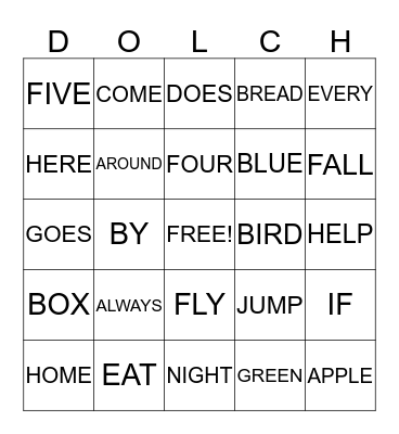 DOLCH Bingo Card
