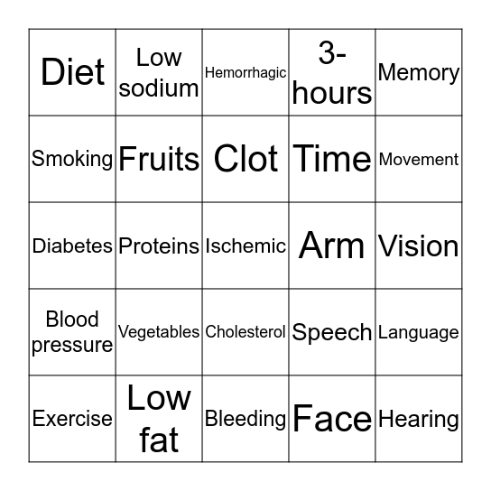 Stroke Prevention Bingo Card