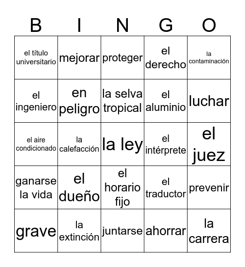 Carreras y el Medio Ambiente Bingo Card