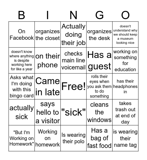 Gallery Attendant Bingo Card