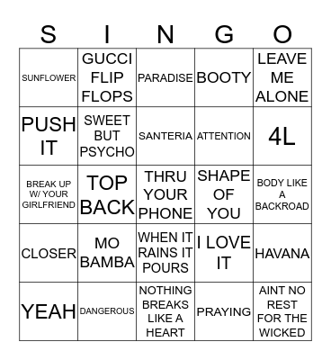 Singo Game 1 Bingo Card