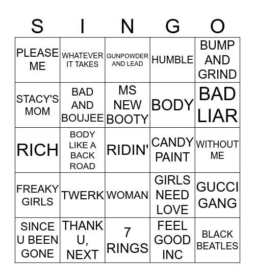 SINGO GAME 2 Bingo Card