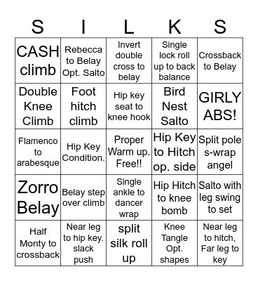 Aerial Silks Fundamentals Bingo Card