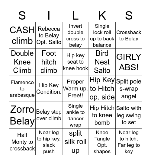 Aerial Silks Fundamentals Bingo Card