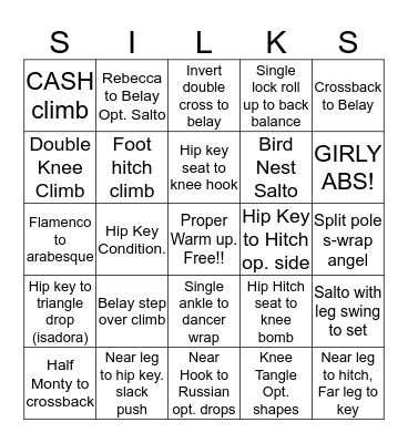 Aerial Silks Fundamentals Bingo Card