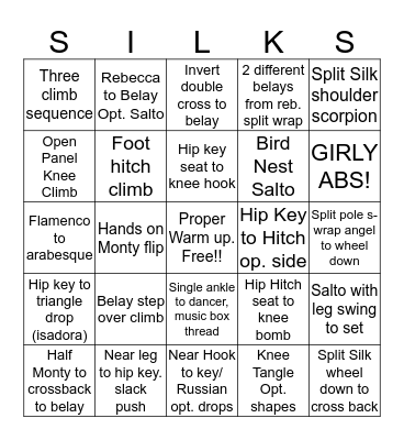 Aerial Silks Intermediate Bingo Card