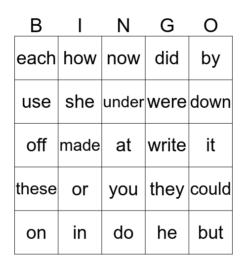 words Bingo Card