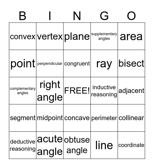 Geometry Vocabulary Bingo Card