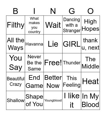 Today's Hits  Bingo Card