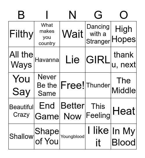 Today's Hits  Bingo Card